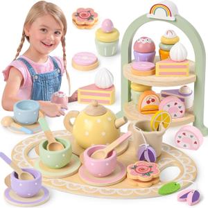 Lonico Wooden Tea Party Set for Little Girls Toddler Tea Set with Cupcake Stand & Food Dessert, Play Kitchen Accessories for Toddlers 2 3 4 5 6 Years Old, Wooden Toys Birthday Kids Girls Gifts 3-6
