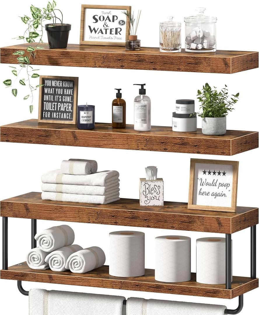 QEEIG Bathroom Floating Shelves Over Toilet - Wall Mounted Shelf Toilet Paper Storage Farmhouse 24 inch Long Set of 3, Rustic Brown (027-60BN3)