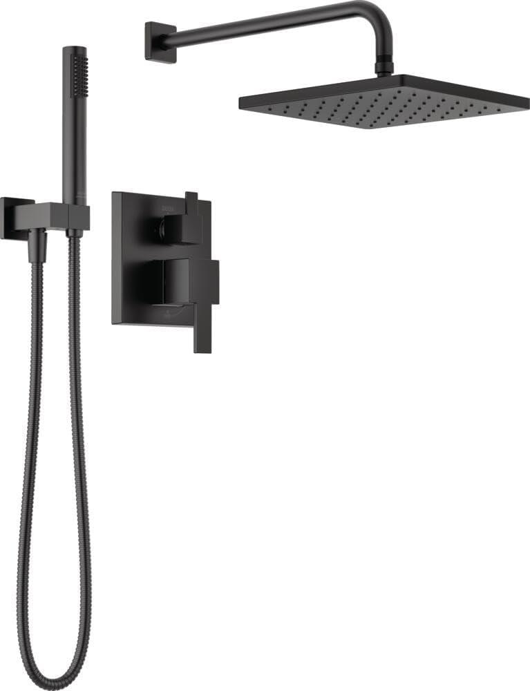 Delta Modern 14 Series Square Rain Shower System Faucet Set, Rainfall Matte Black Shower Head and Handle Set, Valve Trim Kit, 10 Inch, Matte Black 342701-BL