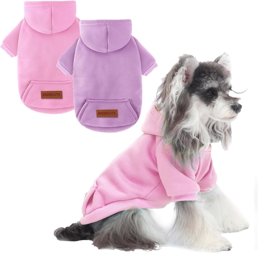 2 Pack Dog Hoodie Warm Hood Dog Sweater Cold Weather Small Dogs Sweatshirt Comfort Pet Clothes for Small Medium Dogs with Pockets Cats Chihuahua Clothes for Male Female Girl Boy Sporty Daily Wear (L (Back: 13.78", Chest: 18.9"), Pink+Purple)