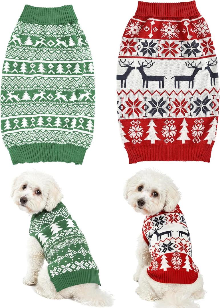 2PCS Dog Christmas Sweater, Soft Warm Pet Clothes Coat for Small Medium Large Dogs and Cats Boy Girl, Fall Cozy Holiday Turtleneck Knitting Collar Pullover Pup Outfit Costume for Thanksgiving New Year