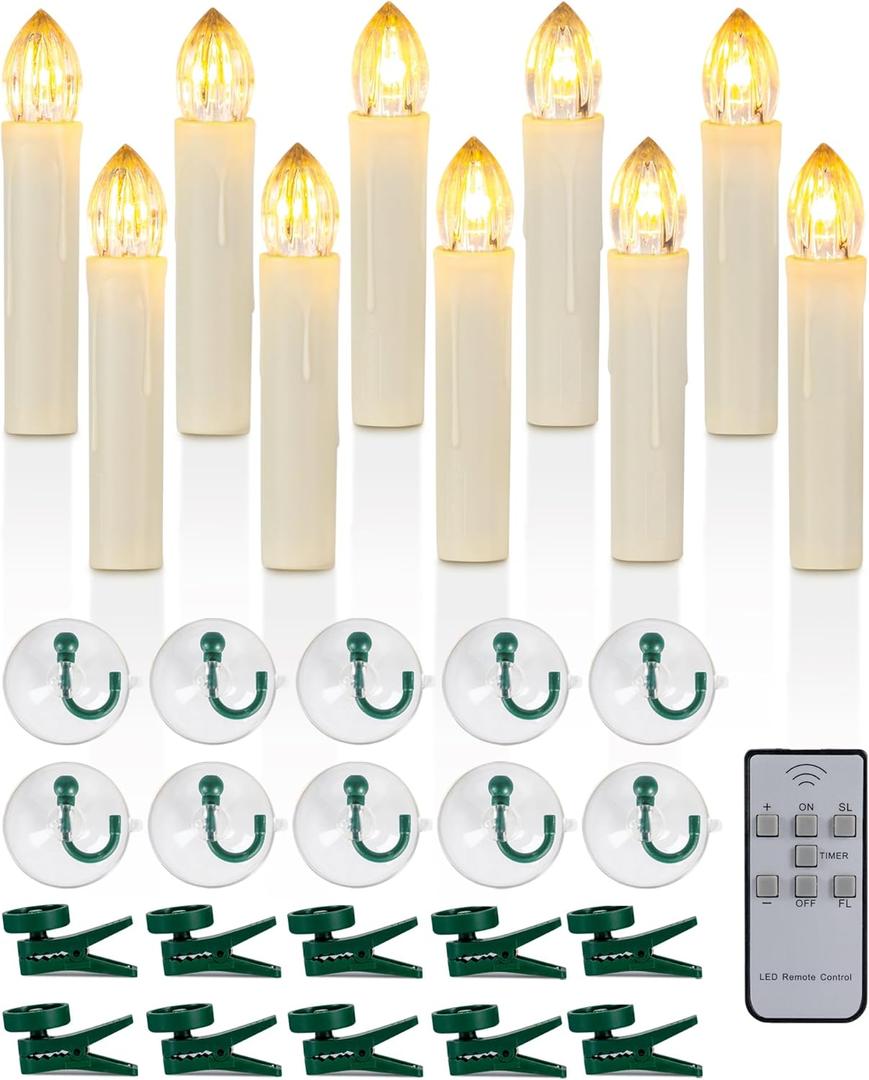 Raycare 10PCS LED Flameless Window Candles with Remote Timer, Flameless Taper Candles Light Battery Operated, Flickering Warm White Light with Clips/Suction Cups for Christmas Halloween