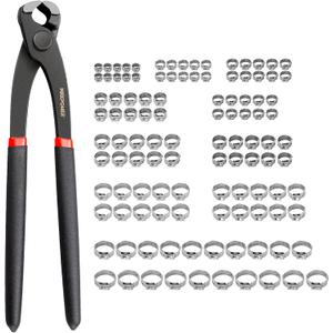 MAXPOWER 100pcs Single Ear Hose Clamps with 9" Ear Clamps Plier, 10 Sizes Crimp Clamps, 304 Stainless Steel Ear Hose Clamp for Securing Pipe Hoses