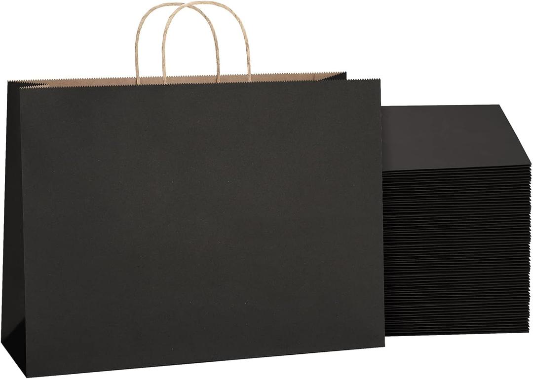 SHOPDAY Black Paper Bags with Handles 16x6x12, 25 Pack Large Kraft Paper Bags Bulk, Tote Bag Shopping Bags, Paper Gift Bags, Retail Bag Merchandise Bags for Grocery Business Takeouts