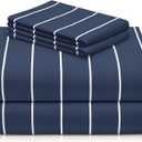 LuxClub 4 PC Queen Size Sheets Set, Breathable Luxury Bed Sheet, Deep Pockets 18" Wrinkle Free Cooling Machine Washable Hotel Bedding (Striped Navy)