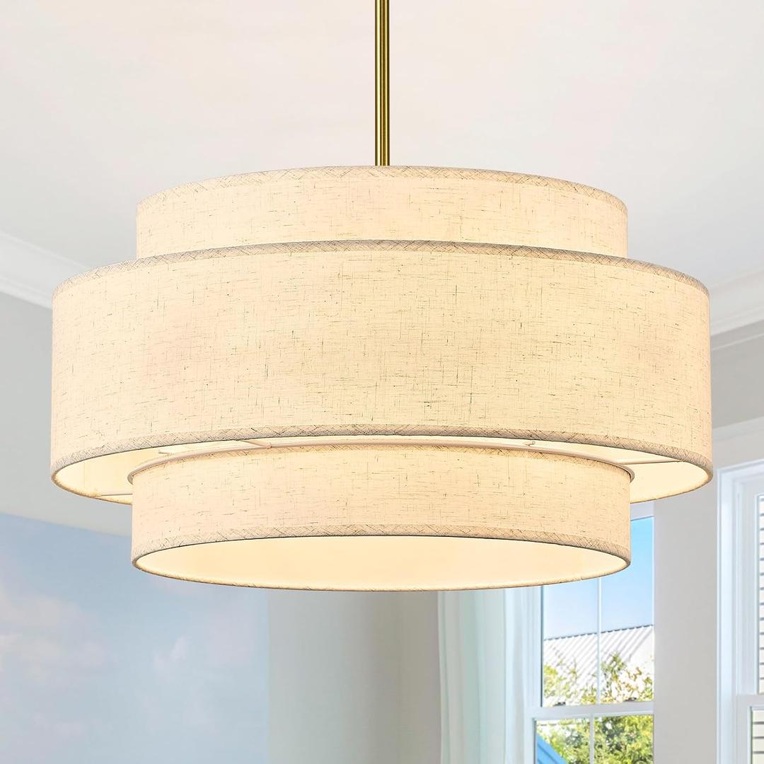 Gold Modern Chandelier 20'' Drum Chandeliers with 3-Layer Fabric Shade 4-Light Linen Pendant Light Fixture for Dining Room Bedroom Kitchen Hallway Foyer