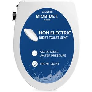Bio Bidet Slim Zero Non Electric Bidet Toilet Seat Elongated, Low Profile Seat with Slow Close Lid, Battery Powered Night Light, Dual Nozzles, White