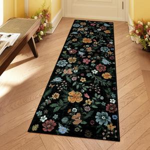 Floral Kitchen Washable Runner Rug 2'x6', Boho Hallway Runner Rug Non Slip with Rubber Backing, Black Soft Carpet Runners for Hallways Bedroom Entryway Laundry