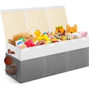 Extra Large Toy Storage Box with Lid, Collapsible Sturdy Toys Chest Storage Organizer Bin Basket with Divider for Kids, Boys, Girls, Closet, Playroom, Bedroom, Nursery, 40"X14"X16", Gray & White