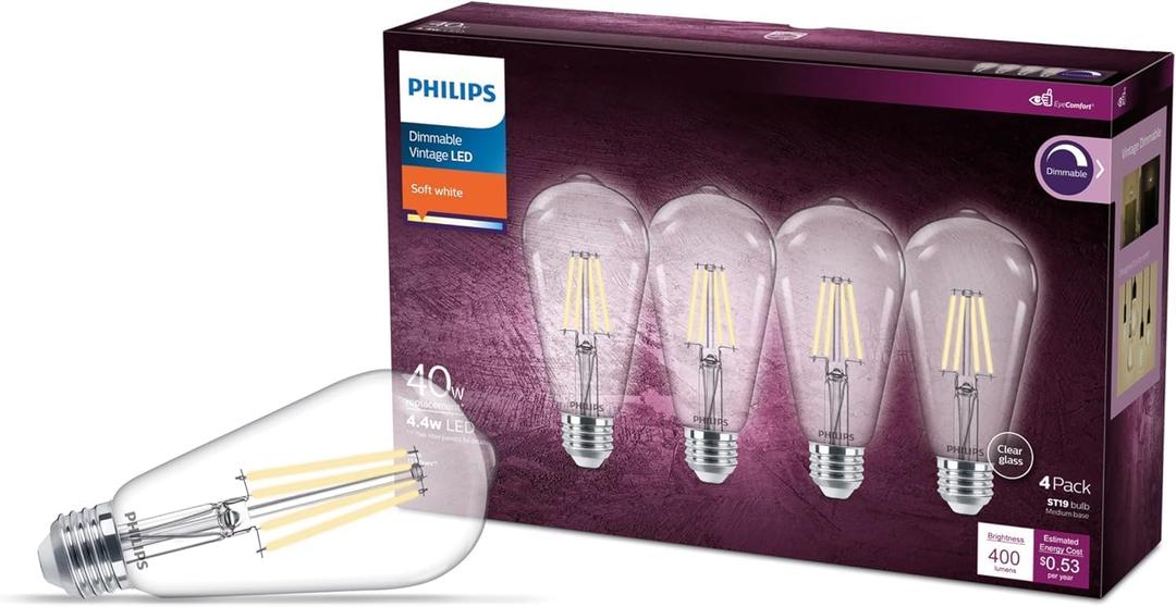 40W ST19 3-Pack Vintage Edison Spiral Soft White (2700K) 400 Lumen (4.4W = 40W) Dimmable Clear Flicker-Free Light Bulbs