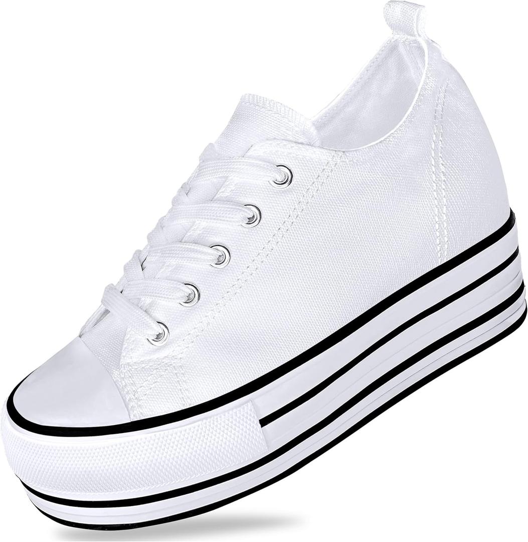 Women's Platform Sneakers 3 Inches Height Boost Canvas Hidden Heel Wedge Sneakers, Casual Height Increase Fashion Shoes for Women and Girls, White US 6