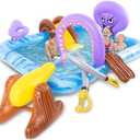 Inflatable Play Center, Inflatable Octopus Spray Pool with Base Pool, Slide, Wooden Block, Octopus Blow up Water Slides for Kids Adults Outdoor Backyard