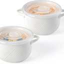 French Onion Soup Bowls: 24 oz Ceramic Soup Crocks with Handles & Silicone Lids - Microwave Safe Containers for Ramen Cereal Breakfast Meal Prep Office Lunch, Set of 2, 5 inch, White