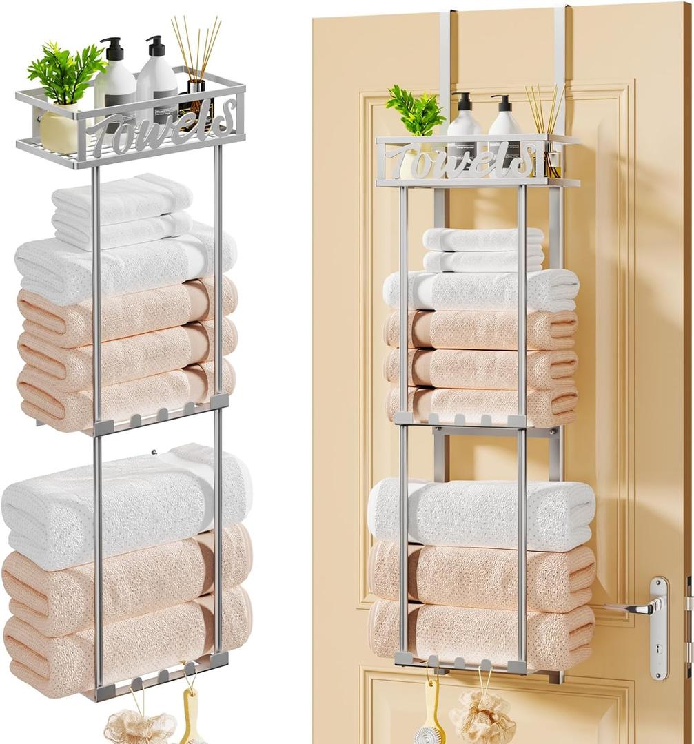 HapiRm Towel Rack Bathroom Storage - 3 Tier Over The Door & Wall Mounted Rolled Towel Racks Holder Organizer with Metal Shelf and 6 Hooks for Small Bathroom, Camper, Rv - Sliver (Silver)