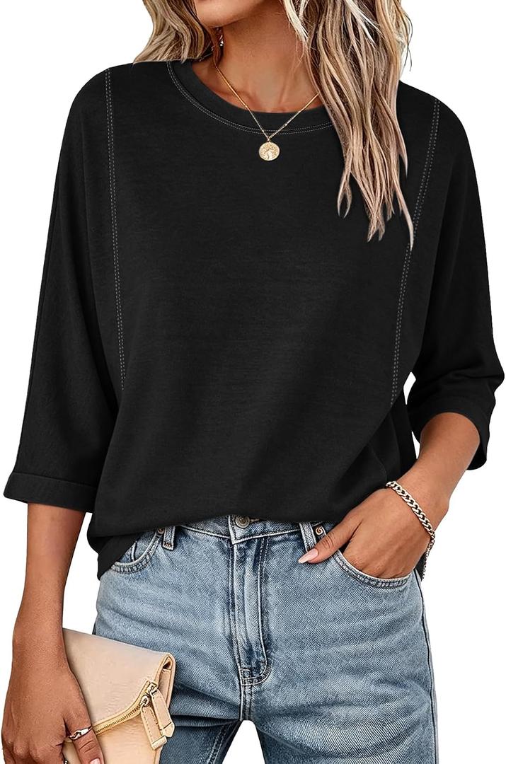 Fanway&EC Women's Casual Summer Tops 3/4 Sleeve Crew Neck T Shirts Loose Fit Tunic Blouses Tee (Gray, XXL)