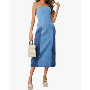 WDIRARA Women's Colorblock Strapless Tube Top Sleeveless Split Back Zipper Casual Denim Midi Dress S