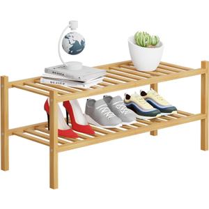 2 Tier Bamboo Shoe Rack Storage Organizer for Closet, Multifunctional Stackable Free Standing Shoe Shelf Organizer for Small Space,Entryway,Hallway,Bathroom 27"x11"x13"(Natural, 2 Tier)