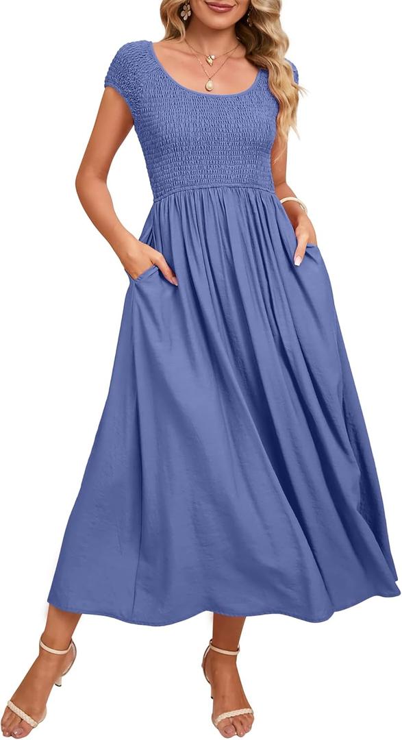 KOJOOIN Maternity Dress Summer Casual Round Neck Short Sleeve Smocked High Waist Maxi Dress with Pockets (XL, Haze Blue)
