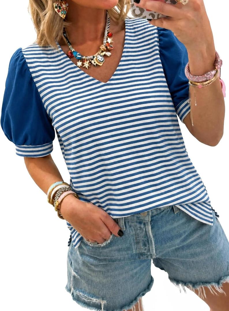 Tankaneo Womens Puff Sleeve Striped T-Shirts Summer V Neck Color Block Tops | Trendy Casual, Loose Fit Blouses, Basic Tees, Tunic Tops (M)