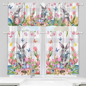 Easter Kitchen Curtains 3 Piece Set Decor, Easter Spring Decoration for The Home Indoor, Bunny Kitchen Curtain and Valances Set 36'' Spring Tulip Short Window Curtain Window Decor