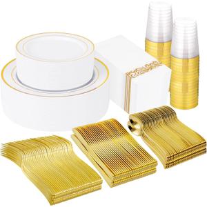 Supernal 400pcs Gold Plastic Dinnerware Set for 50 Guests-Gold Plastic Plates Heavy Duty Disposable Party Plates, 200 Gold Plastic Silverware, Linen Napkins, Clear Cups For Wedding,Birthday