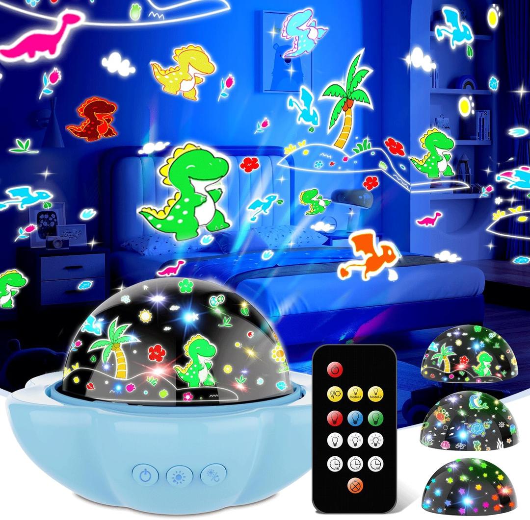 Dinosaur Toys for 3-10 Year old Boys,7-in-1 Kids Night Light Projector with 3 Films 93 Effects, Remote, Timer, 360 Rotation, Birthday Christmas Xmas Gifts Stocking Stuffers for Kids Age 3 4 5 6 (Blue-Dinosaur&Star&Ocean)
