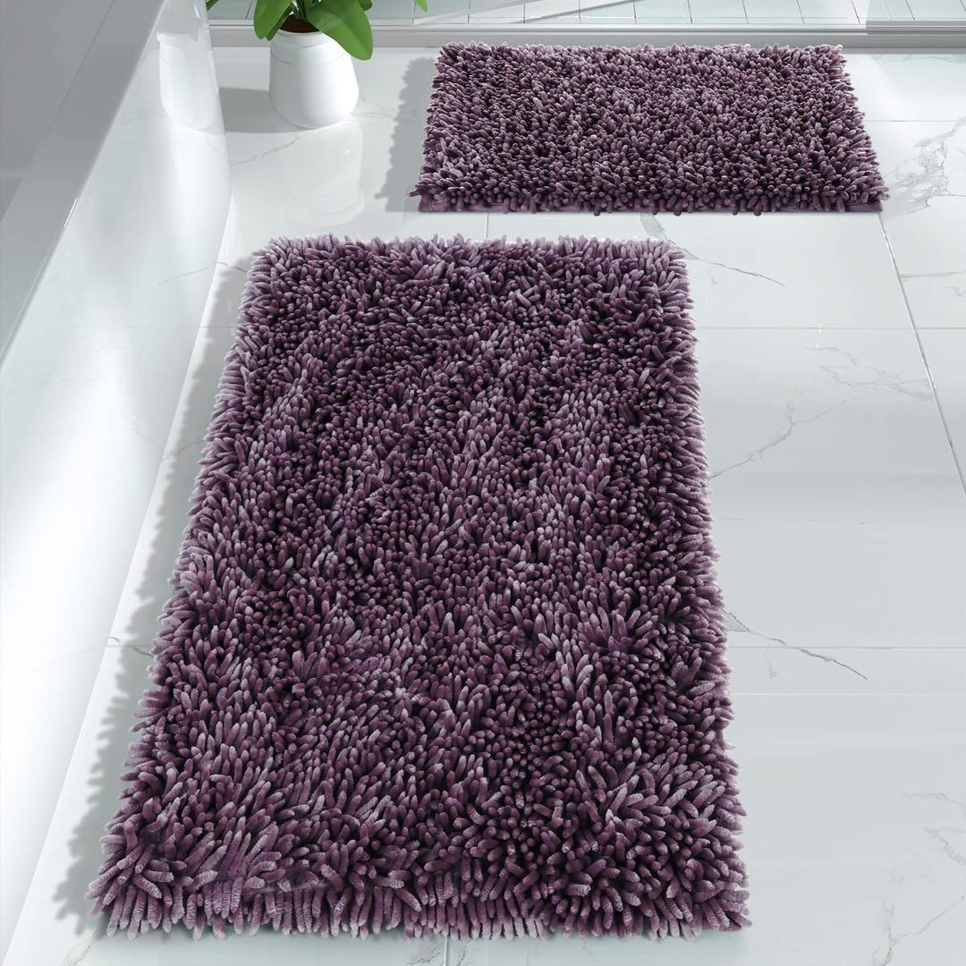 Yimobra Bathroom Rugs Sets 2 Piece, Luxury Shaggy Extra Thick Bathroom Rugs, Plush Non-Slip Mats for Bath Room Floor, Machine Wash, Ultra Absorbent, 44.1 x 24 + 24 x 17 Inches, Dark Purple