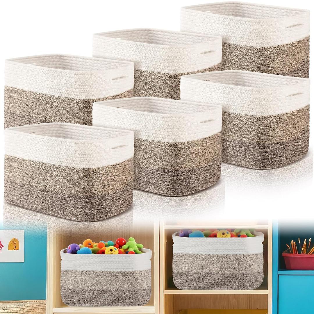 Geetery 6 Pack Storage Baskets for Organizing 14.8'' x 9.8'' x 8.9'' Woven Basket for Storage Cotton Rope Organizer Bins with Handle for Gifting Nursery Classroom Playroom(Dark Brown)