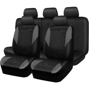 CAR PASS Quilting Leather Seat Covers Full Set,Universal Waterproof Deluxe PU Premium Car Seat Cover with 5mm Composite Sponge Inside,Airbag Compatible,2zipper Bench for Sedans SUVs Cars Vans,Gray