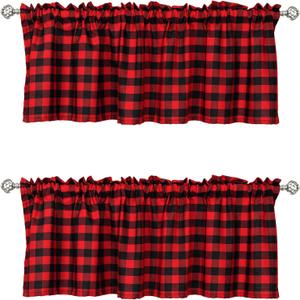 WUBODTI 2 Pack Christmas Red Plaid Curtains Valances for Kitchen, Red and Black Buffalo Check Window Valance Rod Pocket Farmhouse Window Treatments Decor for Living Room Bathroom, 52" W x 14" L