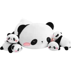 Panda Stuffed Animal Cute Panda Plush Pillow with 4 Baby Plushies in Her Tummy, Soft Cotton Stuffed Animals Toy Gifts for Kids