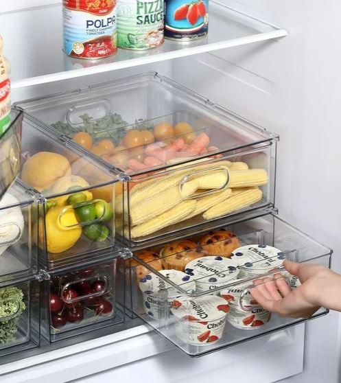Fridge Drawer Pull Out Stackable Bins, Clear Refrigerator Stackable Organizers, Fridge Organizer Storage for Kitchen, Pantry, Vegetables, Fruits (2 Small)