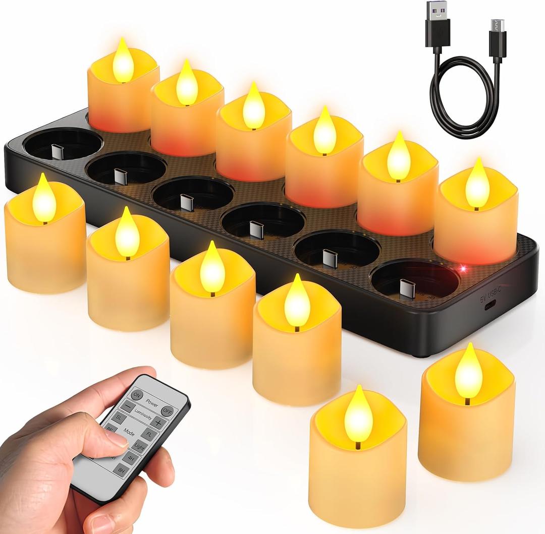 SoulBay Flameless Candles with Remote Timer & Charging Base, 12pcs USB Rechargeable Battery Flickering LED Small Votives Lights for Table Dinner Weddings Holidays General Decor, No Battery Required