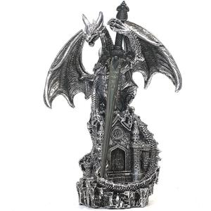 Dragon Statue with Medieval Sword-Collection Figurine Fantasy Decor - Silvery Dragon Standing Gothic Castle for Tabletop Bookshelf