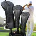 Premium Golf Club Covers, 3 Pack Golf Club Head Covers for Driver, Fairway Woods and Hybrid, Golf Head Covers Fit Most Golf Clubs PU Leather Classic Black 