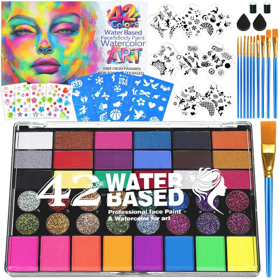 Professional Face Painting Kit for Kids  42 Color Water Activated Facepaint Makeup Kit, Non-Toxic face Paint with Stencils, Gems, Brushes for Halloween, Parties, Carnival, School Event & Festivals (42 Colors - 32 Piece Set)