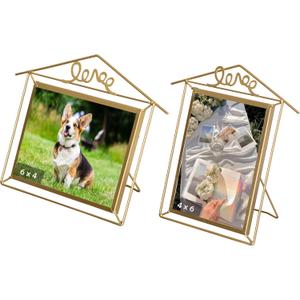 Set of 2 Small Gold Metal Floating Picture Frames One Horizontal 7x9-inch Frame for 4x6 Photos & One Vertical 9x6-inch Frame for 6x4 Photos with Easel Backs for Home and Office Decoration