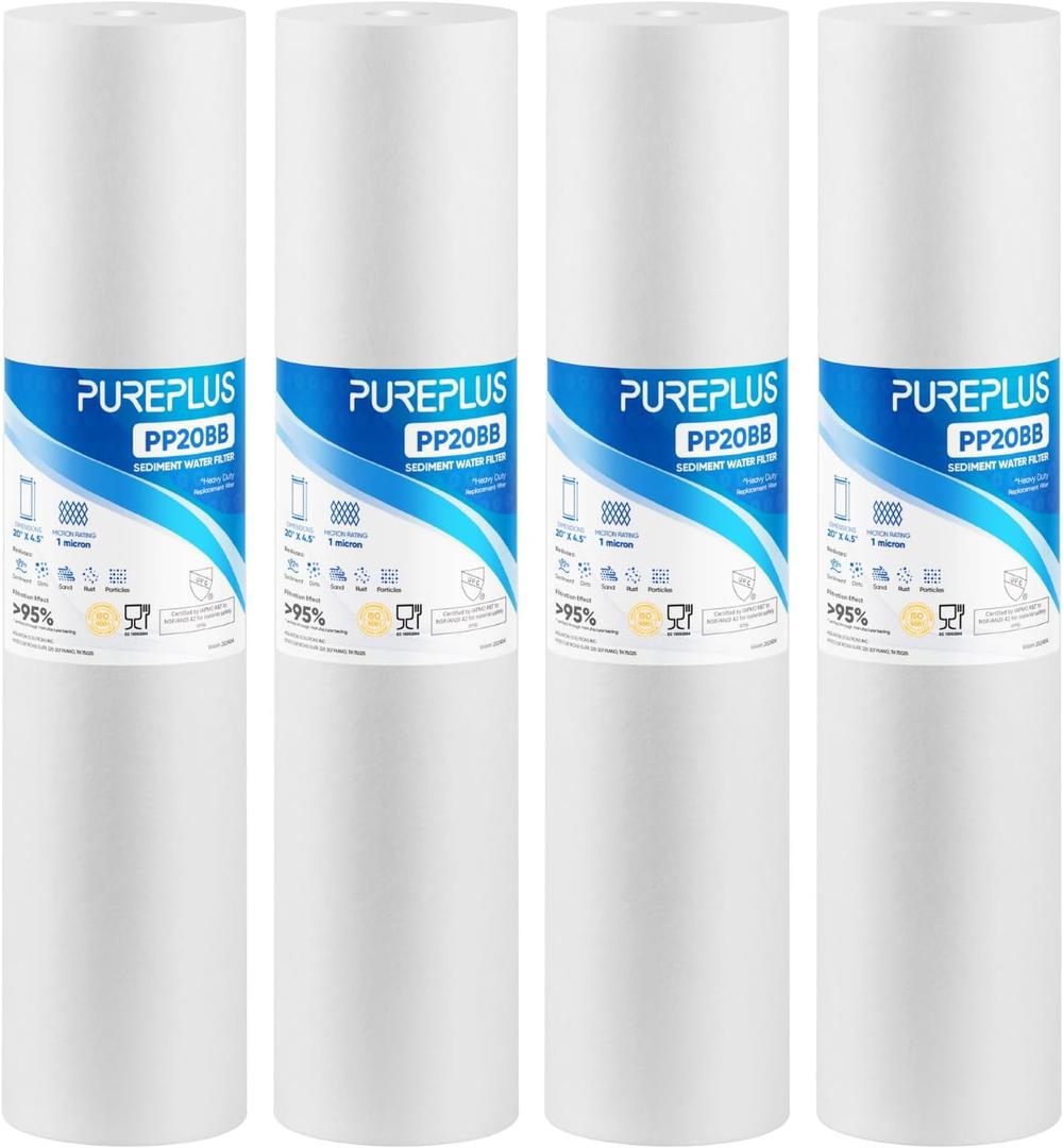 PUREPLUS 1 Micron 20"x4.5" Whole House Sediment Home Water Filter, 4 Pack
