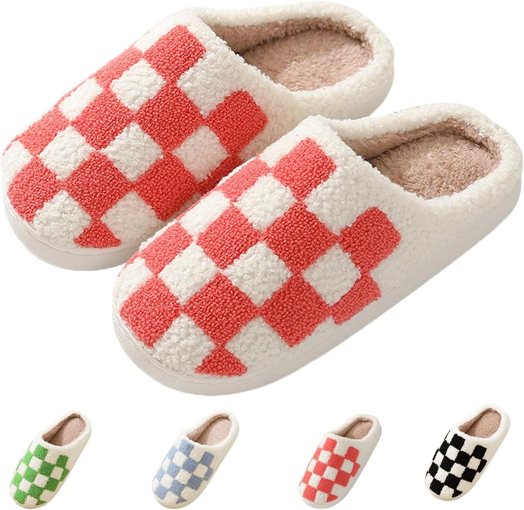 Classic House Plaid Slippers For Women Mens,Cozy Non Slip Outdoor Indoor Plush Slides Slippers (White)