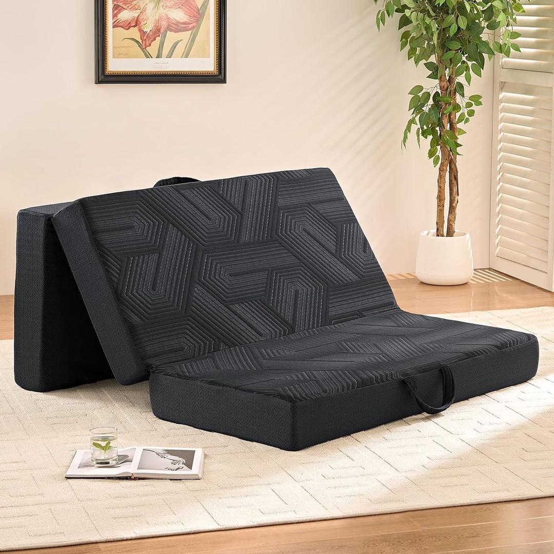 Memory Foam Mattress, Twin Size 6 Inch Tri-Fold Mattress, Handles and Non-Slip Bottom, Mattress Topper with Washable Cover, Foldable Bed for Yoga, Living Room, Camping, 75"x 38" x 6", Black