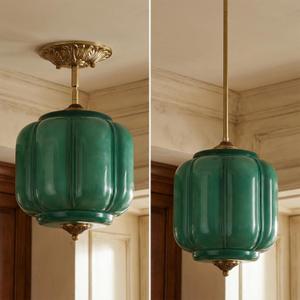 9.8" Milk Glass Pendant Light Fixture Modern Chandelier Vintage Semi Flush Mount Ceiling Light Height Adjustable Green Hanging 1-Light for Kitchen, Hallway, Bedroom, Dining Room, Small