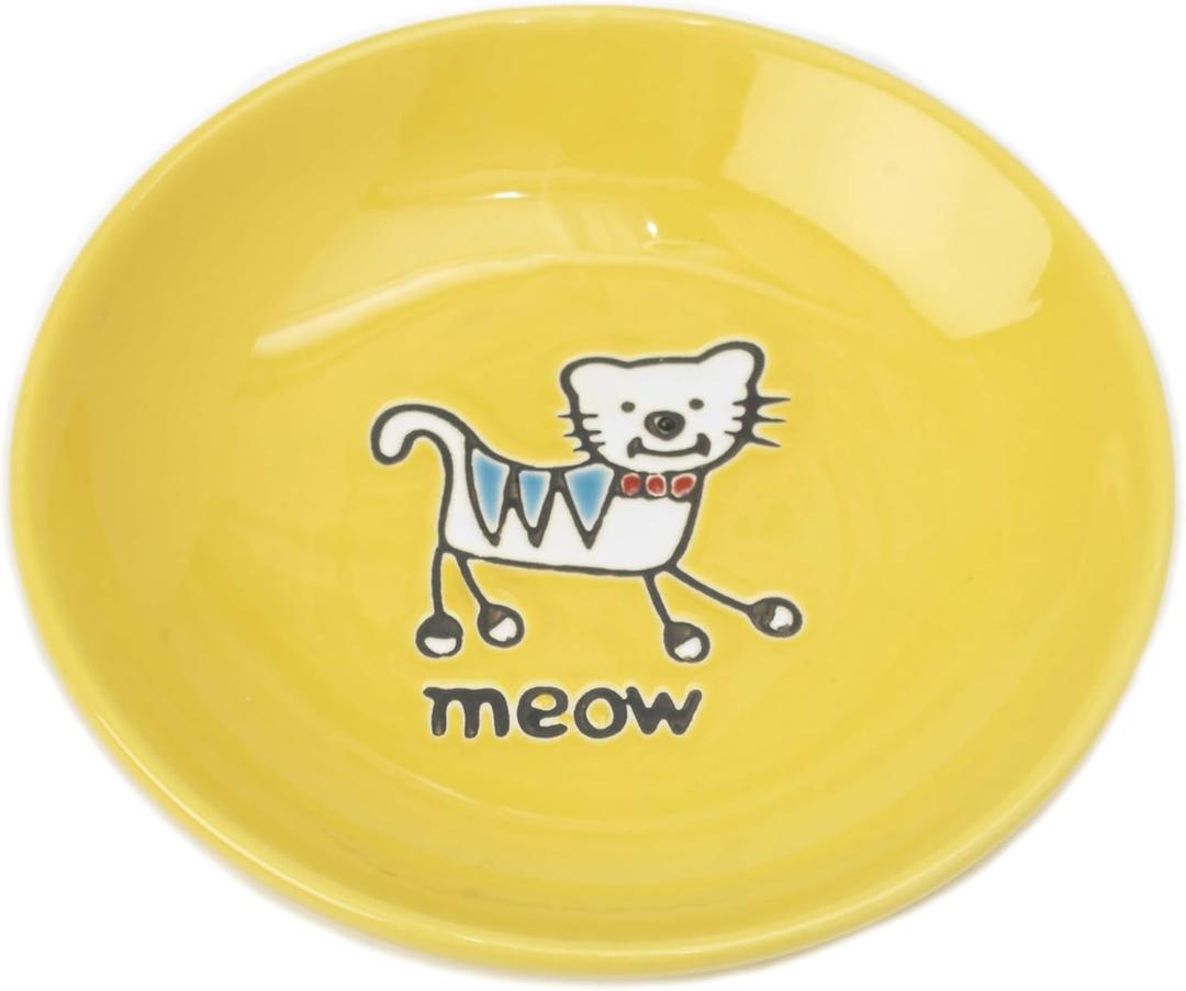 PetRageous 11019 Silly Kitty Dishwasher and Microwave Stoneware Cat Saucer 5-Inch Diameter 2.5-Ounce Capacity for Wet or Dry Cat Food Great For All Cats, Yellow