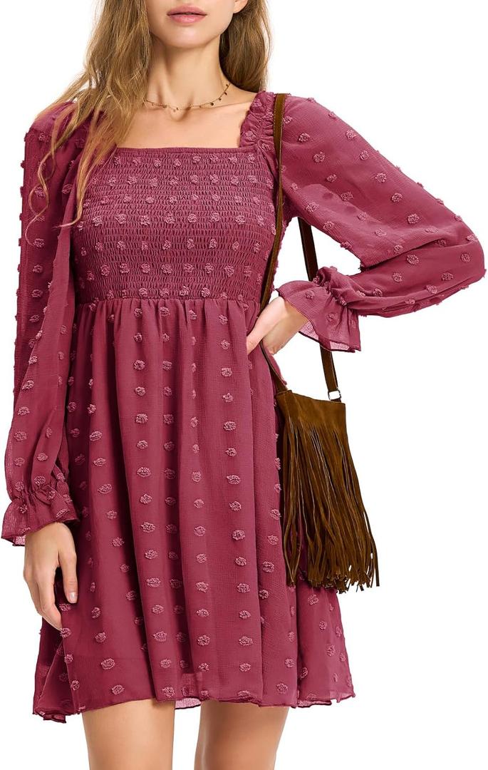 EXLURA Women's 2025 Fall Long Sleeve Party Swiss Dot Dress Smocked Ruffle Cocktail Mini Dresses (M)