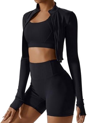 Workout Sets for Women 3 Piece High Waisted Seamless Shorts Crop Top Jacket Gym Yoga Outfit Stretchy Sports Bra Sets.M