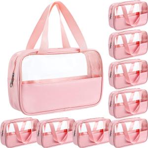 Buryeah 9 Pcs Translucent Make up Bag Toiletry Organizer for Women Men Waterproof Portable Cosmetic Travel Bag with Hanging Handles Travel Storage Carry Pouch Gifts for Bridesmaid (Pink)