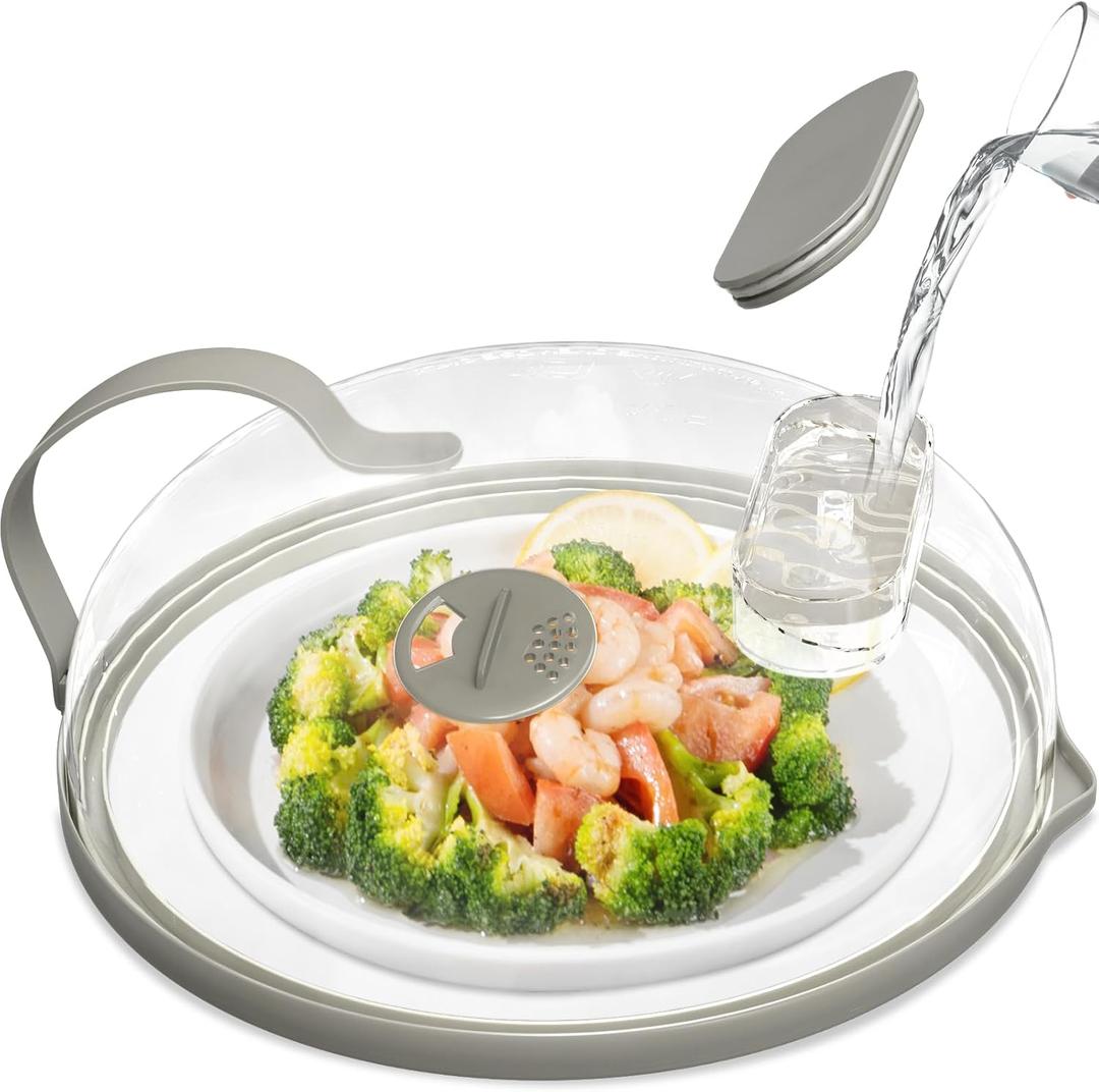 Microwave Splatter Cover with Water Steamer for Food - 10 Inch Steam Microwave Splatter Guard with Handle Plate Covers for Heating Food Splash Oven Lid with Built in Steamer (Grey)