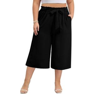 Lastshe Women's Casual Plus Size Cropped Wide-Leg Pants with Pockets Lightweight High Waisted Adjustable Tie Knot Capri Palazzo Trousers, Black, 4X