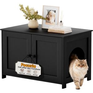 Cat Litter Box Enclosure Furniture Dog Proof, Hidden Kitty Washroom Cabinet Low Entry, Wooden Cat Boxes Enclosure Odor Control for Home, Farmhouse Style Decorative TV Stand with Storage, Black