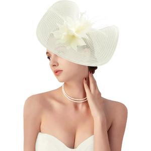 dressfan Derby Fascinator Hats for Women Vintage Church Hats Wedding Tea Party Hair Accessories (Beige)