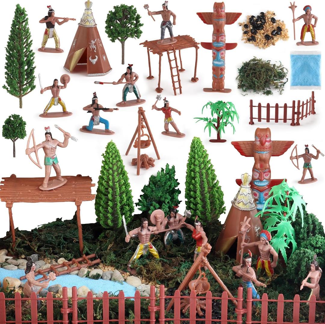 44 PCS Native American Indians Figures Toys Set, Plastic Figurine Toys Includes Indian Figurines, Trees, Moss, Sand, Stones for Kids Historical Education School Project Decoration Birthday Halloween